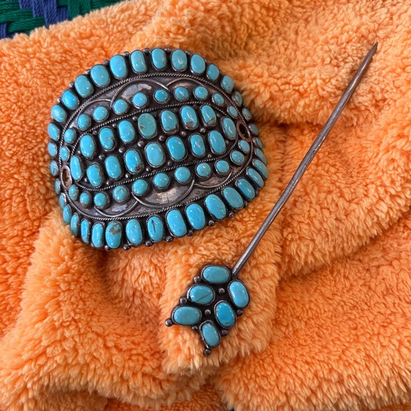 one vintage J.M. Begay Turquoise and Sterling Hair Piece - Picture 3 of 10
